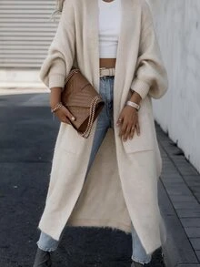 Breezaya Early Fall Old Money Long Duster Knit Cardigan, Minimalist Casual Open Front Cream Sweater With Pockets, Relaxed Lazy Fit For Commute Everyday Travel - Apricot - View 1