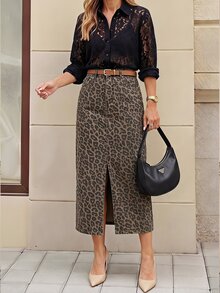 Selenza Women's Leopard Print Pocket Slit Hem Casual Denim Skirt - Multicolor - View 4