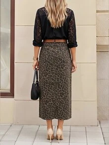Selenza Women's Leopard Print Pocket Slit Hem Casual Denim Skirt - Multicolor - View 5