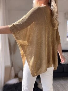 SHEIN LUNE Early Summer Casual Sexy Elegant Solid Color Gold Thread Shiny Loose Lazy Shawl Cardigan For Women Suitable For New Year Daily Wear Night Club Party - Brown - View 2