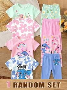 4 Sets Random 1 Set Girls Toddler Cartoon Fresh Colorful Floral Blue White Bunny Rainbow Print Basic Short T-Shirt And Leggings Set, Daily Wear - Multicolor - View 3