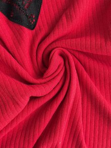 SHEIN طقم بيجامة قطني محبوك بأضلاع من قطعتين باللون الأحمر، تي شيرت نوم بأكمام طويلة مع دانتيل متباين + بنطال طويل، ملابس منزلية كاجوال للاسترخاء - الأحمر - مشاهدة 6