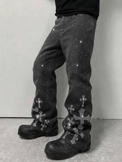 Street Life Men's Rhinestone Casual Versatile Daily Wear Denim Jeans