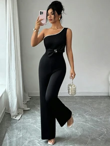 SHEIN Clasi Bowknot Color Block Shoulder Pearl Decor Jumpsuit, Elegant For Commuting, Daily Wear, Outing, Holiday - Black - View 7