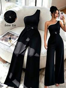 SHEIN Clasi Bowknot Color Block Shoulder Pearl Decor Jumpsuit, Elegant For Commuting, Daily Wear, Outing, Holiday - Black - View 1
