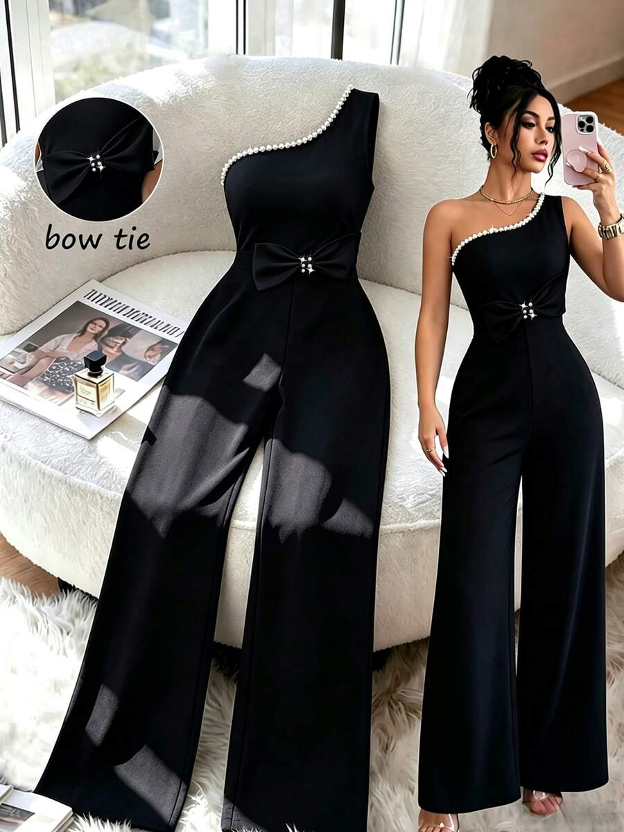 SHEIN Clasi Bowknot Color Block Shoulder Pearl Decor Jumpsuit, Elegant For Commuting, Daily Wear, Outing, Holiday - Black - View 1
