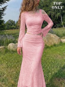 SHEIN MOD White Open Shoulder Lace 2-In-1 Flared Sleeve Long Sleeve Women's Top, Autumn, Festival, Party Tea Party, Beach, Wedding, Romantic - Pink - View 5