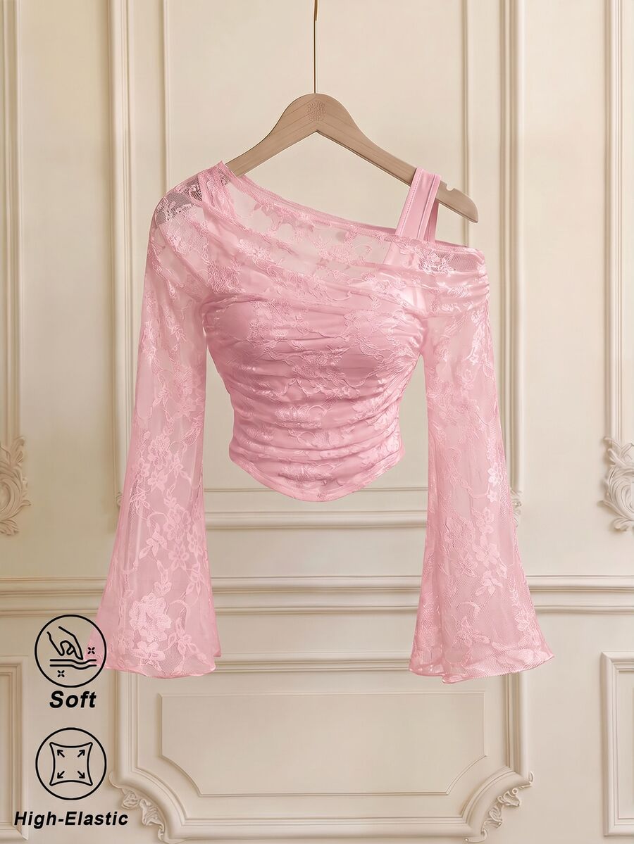 SHEIN MOD White Open Shoulder Lace 2-In-1 Flared Sleeve Long Sleeve Women's Top, Autumn, Festival, Party Tea Party, Beach, Wedding, Romantic - Pink - View 1