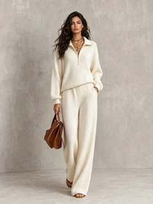 LUMIGAL Women's 2 Pieces Set, Fall/ Solid Color 2 Pieces Set, Daily Wear 2 Pieces Set, Brushed Ribbed Fabric, 2 Pieces Set Lounge Off-White Casual - Apricot - View 4