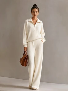 LUMIGAL Women's 2 Pieces Set, Fall/ Solid Color 2 Pieces Set, Daily Wear 2 Pieces Set, Brushed Ribbed Fabric, 2 Pieces Set Lounge Off-White Casual - Apricot - View 5