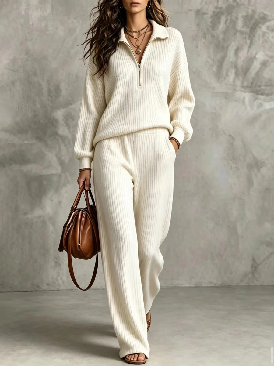 LUMIGAL Women's 2 Pieces Set, Fall/ Solid Color 2 Pieces Set, Daily Wear 2 Pieces Set, Brushed Ribbed Fabric, 2 Pieces Set Lounge Off-White Casual - Apricot - View 1
