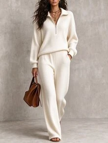 LUMIGAL Women's 2 Pieces Set, Fall/ Solid Color 2 Pieces Set, Daily Wear 2 Pieces Set, Brushed Ribbed Fabric, 2 Pieces Set Lounge Off-White Casual - Apricot - View 3