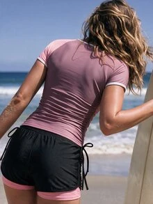 Swim SPRTY 2026 Vacation Beach Mature Casual Conservative Basic Hazy Red Colorblock Drawstring Slimming Short Sleeve Shorts 2 Pieces Set Surf Suit - Multicolor - View 2
