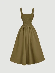 Skyraze Women's Solid Color Pleated Design Waist Cinched Sleeveless Elegant Mid-Length Dress,Summer Dresses For Women - Army Green - View 6