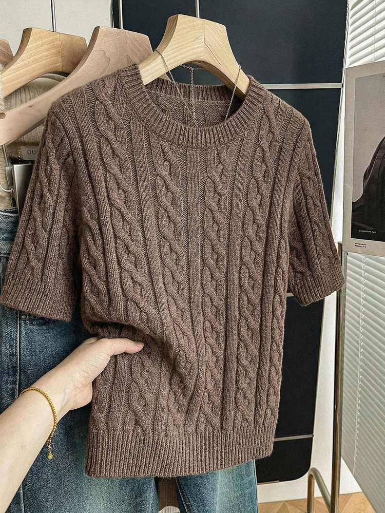 Franclia Suéter de punto con cuello redondo y decoración de cuerda retorcida, inspirado en bloggers, versátil para otoño/invierno - Café integral - Añade 4