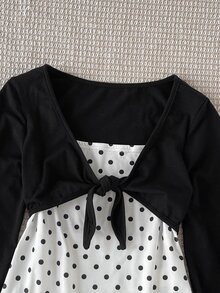 SHEIN 青少年女孩秋冬休閒黑白拼接波點印花扭結 2 合 1 針織套頭 T 恤 - 黑與白 - 查看 4