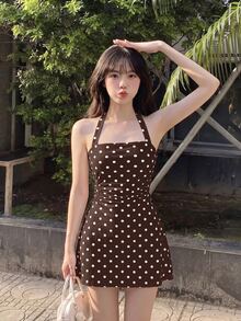 SHEIN MOD 波點圖案女款掛脖迷你洋裝，夏季洋裝，優雅洋裝，休閒洋裝，節慶穿搭，派對洋裝，生日洋裝，波點 - 咖啡棕 - 查看 6