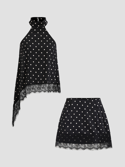 Sweetra Women's Black And White Polka Dot 1960s Vintage Elegant Summer Night Out Party Two Pieces Set Button Neck Lace Patchwork Asymmetric Hem Top Skirt