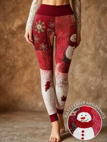 INAWLY Women's Fashionable Personalized Snowman Print Sports Long Pants - Red - View 5