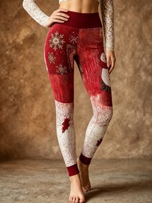 INAWLY Women's Fashionable Personalized Snowman Print Sports Long Pants - Red - View 4