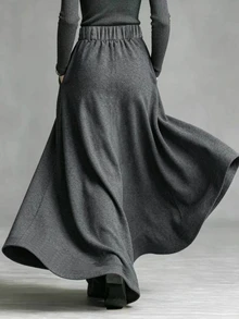 Glimmora Women's Solid Color Pocket Elastic Waist Oversized Hem Skirt, Autumn/Winter - Grey - View 2