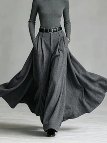 Glimmora Women's Solid Color Pocket Elastic Waist Oversized Hem Skirt, Autumn/Winter - Grey - View 3