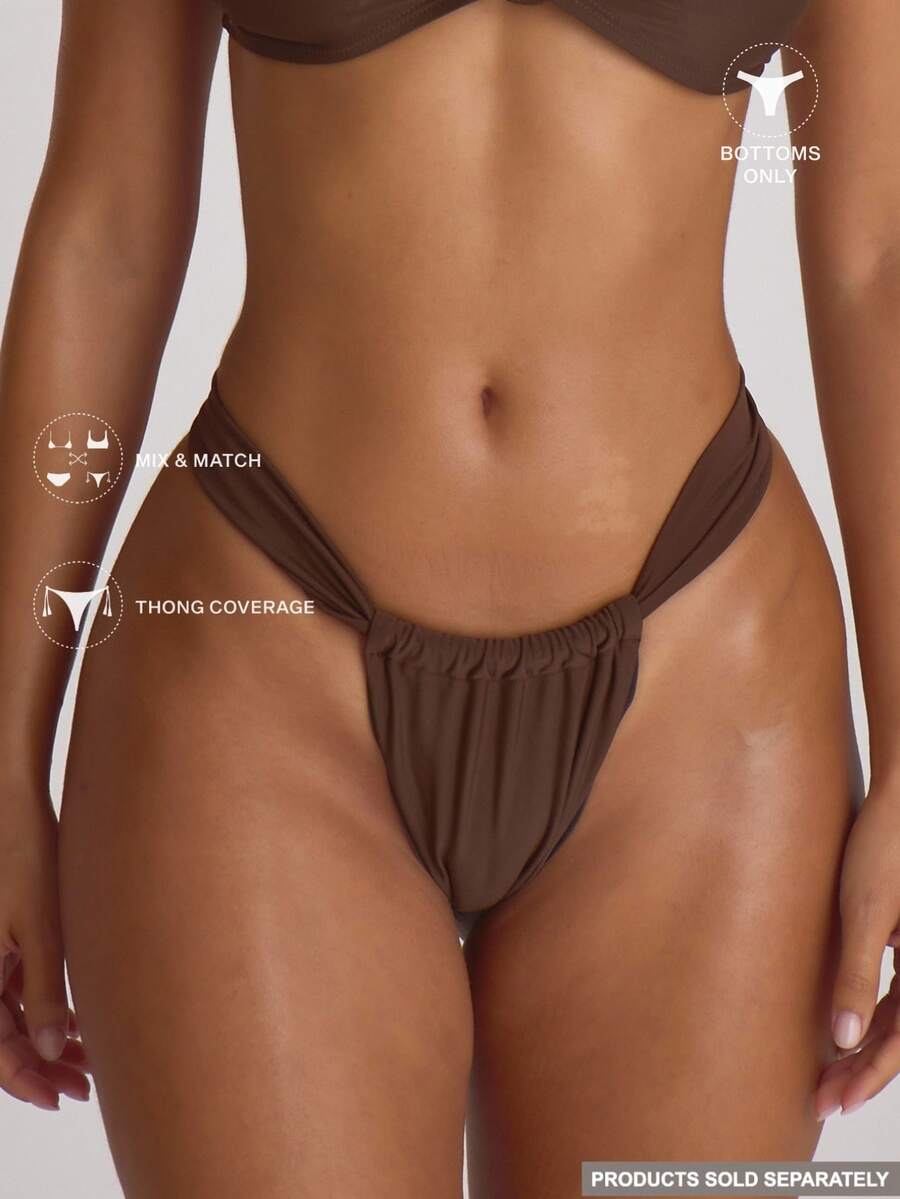 Musera Resort Thick Strap Ruched Cheeky Bikini Bottoms Swim Vacation Holiday Summer Travel Beachwear Basics Sexy Solid Colour Swimwear Resort Core Chocolate Brown - Brown - View 1
