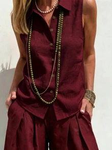 SHEIN 女士亚麻休闲无袖衬衫、女士通勤衬衫、女士沙滩衬衫、女士度假衬衫 - 酒紅色 - 查看 3