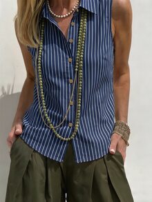 SHEIN 女士亚麻休闲无袖衬衫、女士通勤衬衫、女士沙滩衬衫、女士度假衬衫 - 藍色 - 查看 3