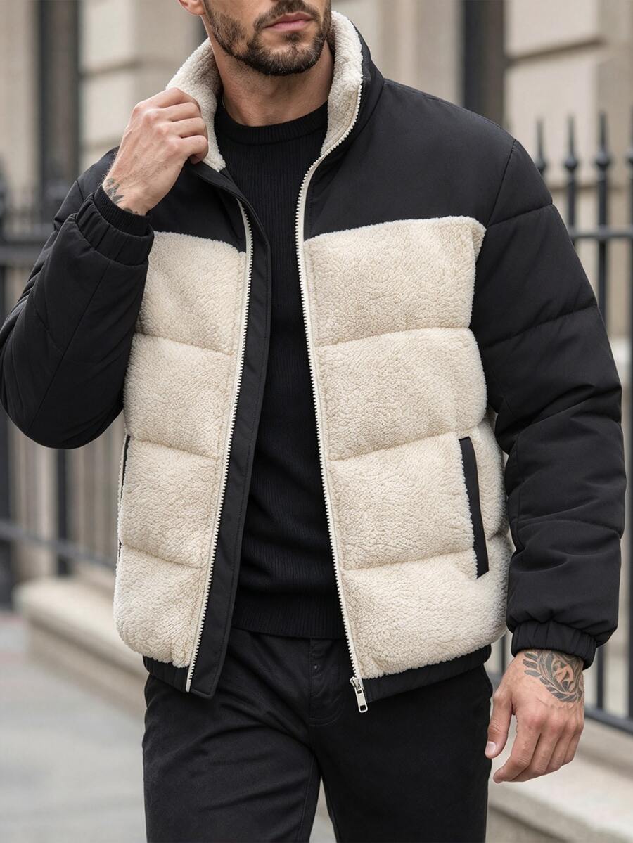 Manfinity Homme 男士純色抓絨長袖拉鍊冬季羽絨外套 度假風黑色街頭休閒款 - 彩色 - 查看 1
