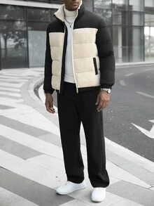 Manfinity Homme 男士純色抓絨長袖拉鍊冬季羽絨外套 度假風黑色街頭休閒款 - 彩色 - 查看 6