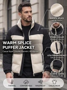 Manfinity Homme 男士純色抓絨長袖拉鍊冬季羽絨外套 度假風黑色街頭休閒款 - 彩色 - 查看 8