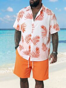ResortEase 2pcs/Set Plus Size Men's Casual Minimalist Short Sleeve Top And Shorts For Daily Wear, Holiday - Orange - View 3