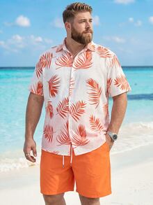 ResortEase 2pcs/Set Plus Size Men's Casual Minimalist Short Sleeve Top And Shorts For Daily Wear, Holiday - Orange - View 1