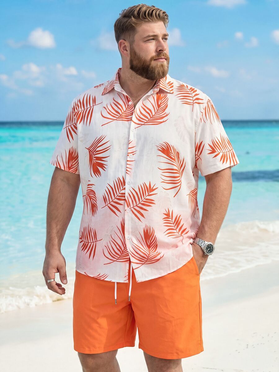 ResortEase 2pcs/Set Plus Size Men's Casual Minimalist Short Sleeve Top And Shorts For Daily Wear, Holiday - Orange - View 1