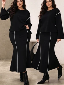 SHEIN LUNE CURVE Contrast Color Stitching Flared Long Sleeve Top & High Waist Fishtail Skirt 2 Pieces Set Fall - Black and White - View 1