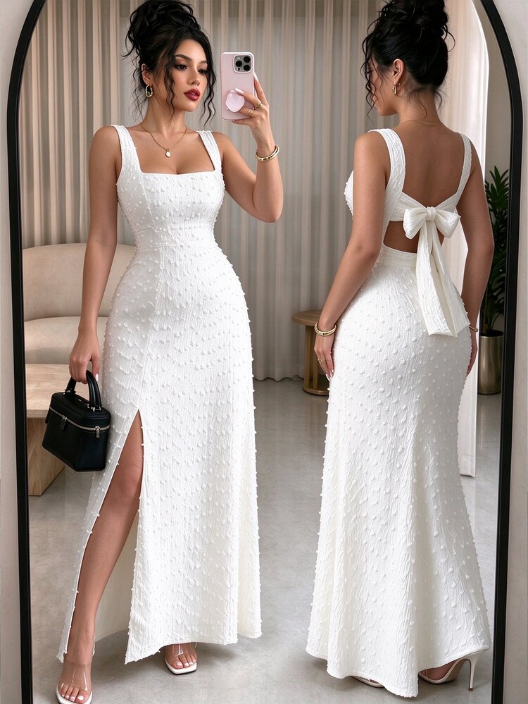Elenzga New Arrival Square Neck Sleeveless Textured Knit Dress With Open Back Bowknot Design, Elegant Fitted Party Dress - Apricot - View 3