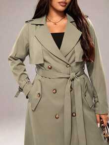 Rustia Plus Size Solid Color Double-Breasted Lapel Long Sleeve Casual Long Windbreaker Fall - Olive Green - View 3