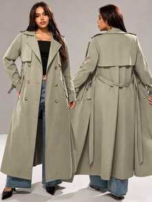 Rustia Plus Size Solid Color Double-Breasted Lapel Long Sleeve Casual Long Windbreaker Fall - Olive Green - View 1