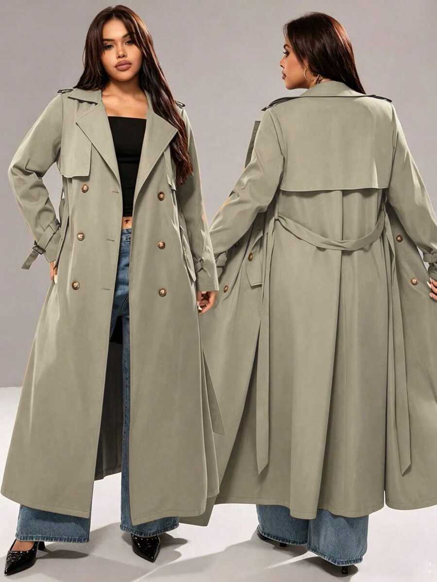 Rustia Plus Size Solid Color Double-Breasted Lapel Long Sleeve Casual Long Windbreaker Fall - Olive Green - View 1