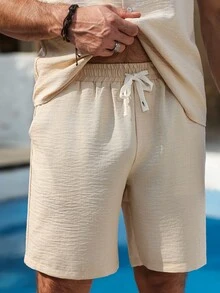 ResortEase Men's Light Beige Two Piece Set,Textured Short Sleeve Button Down Shirt & Drawstring Shorts,Summer Casual Vacation Holiday Beach Wear Linen Outfit - Apricot - View 7