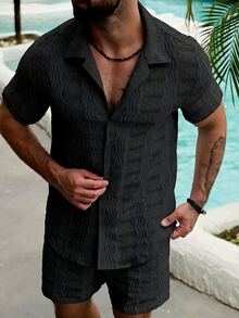 ResortEase Men's Vacation Textured Single-Breasted Short Sleeve Shirt And Pocket Shorts Set - Black - View 3