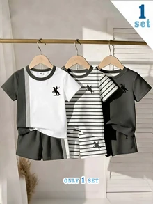 1 Random Set, Young Boys Horse Graphic White Short Sleeve T-Shirt And Shorts Outfit Birthday Beach - Multicolor - View 1