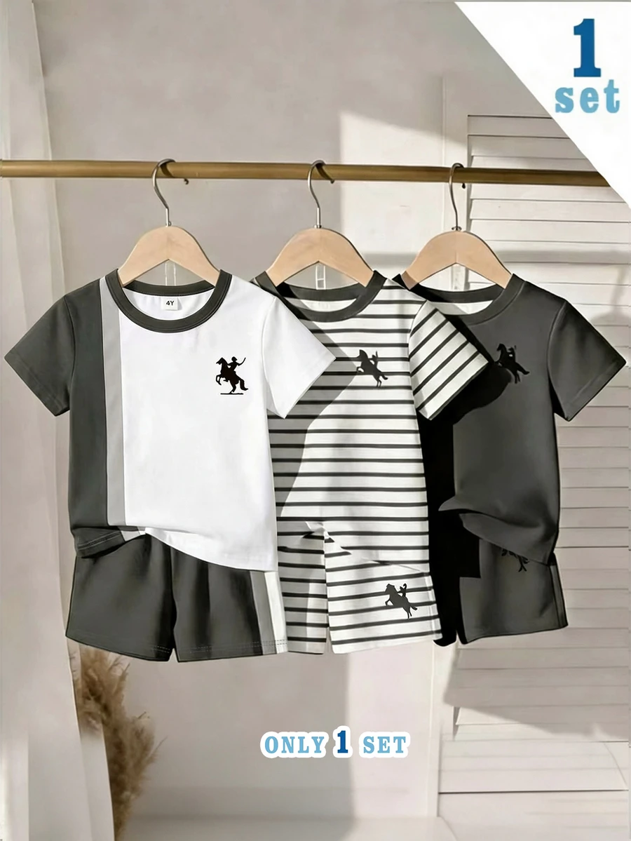 1 Random Set, Young Boys Horse Graphic White Short Sleeve T-Shirt And Shorts Outfit Birthday Beach - Multicolor - View 1