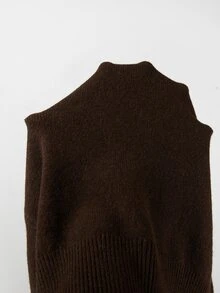 SHEIN Damstickad kofta med rund hals, knäppning fram, lång ärm, kort modell, slim fit, enfärgad tröjjacka - Kaffebrun - Visa 4