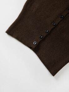 SHEIN Damstickad kofta med rund hals, knäppning fram, lång ärm, kort modell, slim fit, enfärgad tröjjacka - Kaffebrun - Visa 5