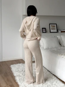StreetHx 女款時尚街頭酷感兩件套 百搭風格 拉鍊連帽開襟衫 休閒寬鬆低腰毛衣褲 - 杏色 - 查看 2