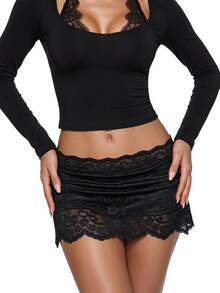 Sweetina Ultra Low Waist Lace Patchwork Ruffle Hem Skirt - Black - View 1