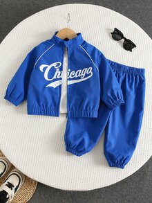 SHEIN 男嬰幼兒 2件組 秋冬加厚抓絨內裡休閒時尚運動風克萊因藍夾克套裝，工裝風套裝，嬰兒冬季穿搭，街頭風運動服 - 寶藍色 - 查看 7