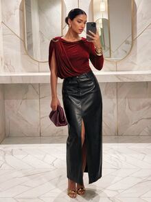 Silquee Women's Solid Color Shoulder Metal Design Pleated One-Shoulder Long Sleeve Bodysuit - Burgundy - View 7